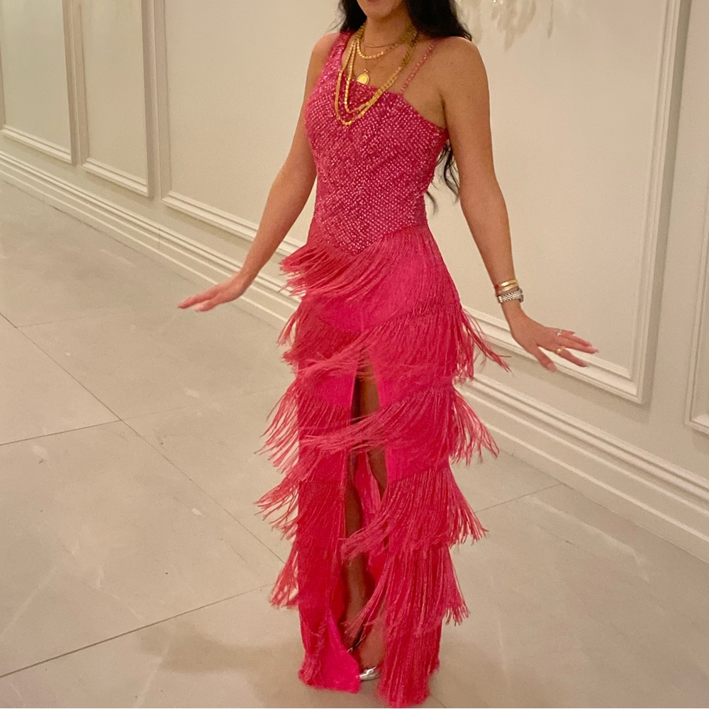 Sherri Hill Pink One Shoulder Tiered Gown